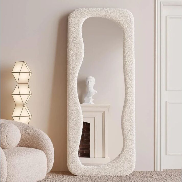 Verra Luxe Home Wavy Arched Full-Length Mirror, white textured wooden frame with an organic irregular silhouette that elevates spaces with its sculptural presence.