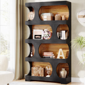 Verra Luxe Home modern 4-tier S-shaped wood bookcase in black with warm brown shelves, tall freestanding storage unit featuring circular openings and decorative items.