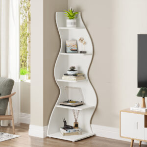 White curved five-tier corner shelf by Verra Luxe Home, featuring books, small plant, decorative items, and a turntable in a bright modern living room interior
