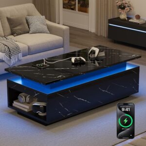 Modern Black Coffee Table by Verra Luxe Home with a black marble-like top, blue under-cabinet glow, wireless charging area, and a lower storage shelf