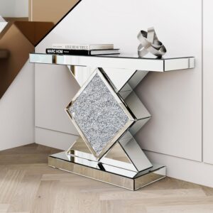 47.2” Mirrored Diamond Console Table with a diamond-shaped crystal pedestal, silver mirrored surfaces, and a rectangular glass top styled for a chic glam interior by Verra Luxe Home