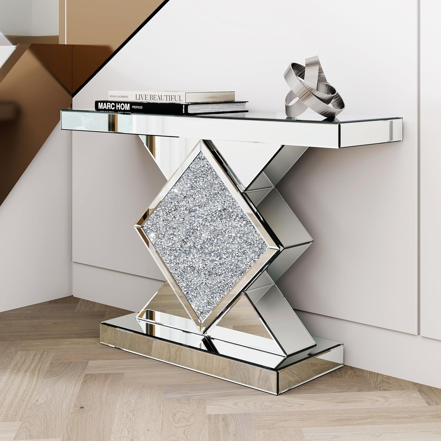 47.2” Mirrored Diamond Console Table with a diamond-shaped crystal pedestal, silver mirrored surfaces, and a rectangular glass top styled for a chic glam interior by Verra Luxe Home