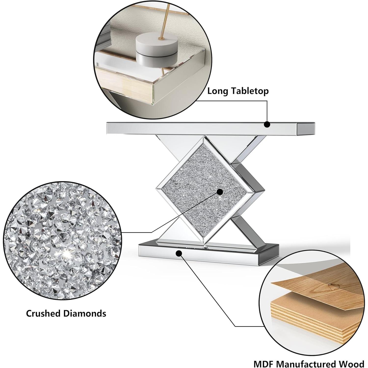 Verra Luxe Home 47.2” Mirrored Diamond Console Table features silver beveled mirrors, a diamond-shaped crystal pedestal, and an MDF wood base for a glam, reflective accent.