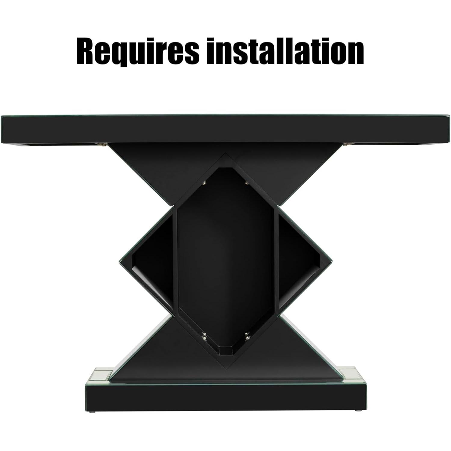 Verra Luxe Home 47.2-inch Mirrored Diamond Console Table featuring beveled mirrors, crystal-accented diamond pedestal, and a sleek black top for glamorous foyer or living room display.