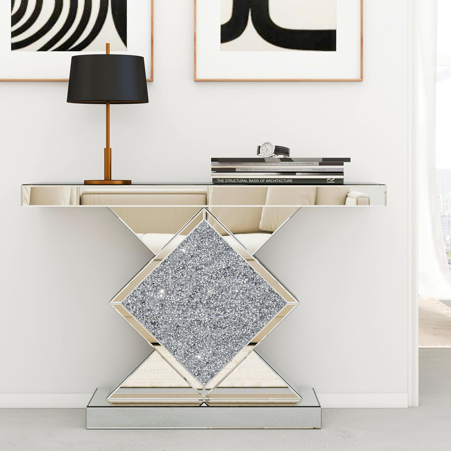 Verra Luxe Home Mirrored Diamond Console Table with diamond-shaped pedestal, crystal accents, and beveled mirror panels, elevating glam foyer or living space