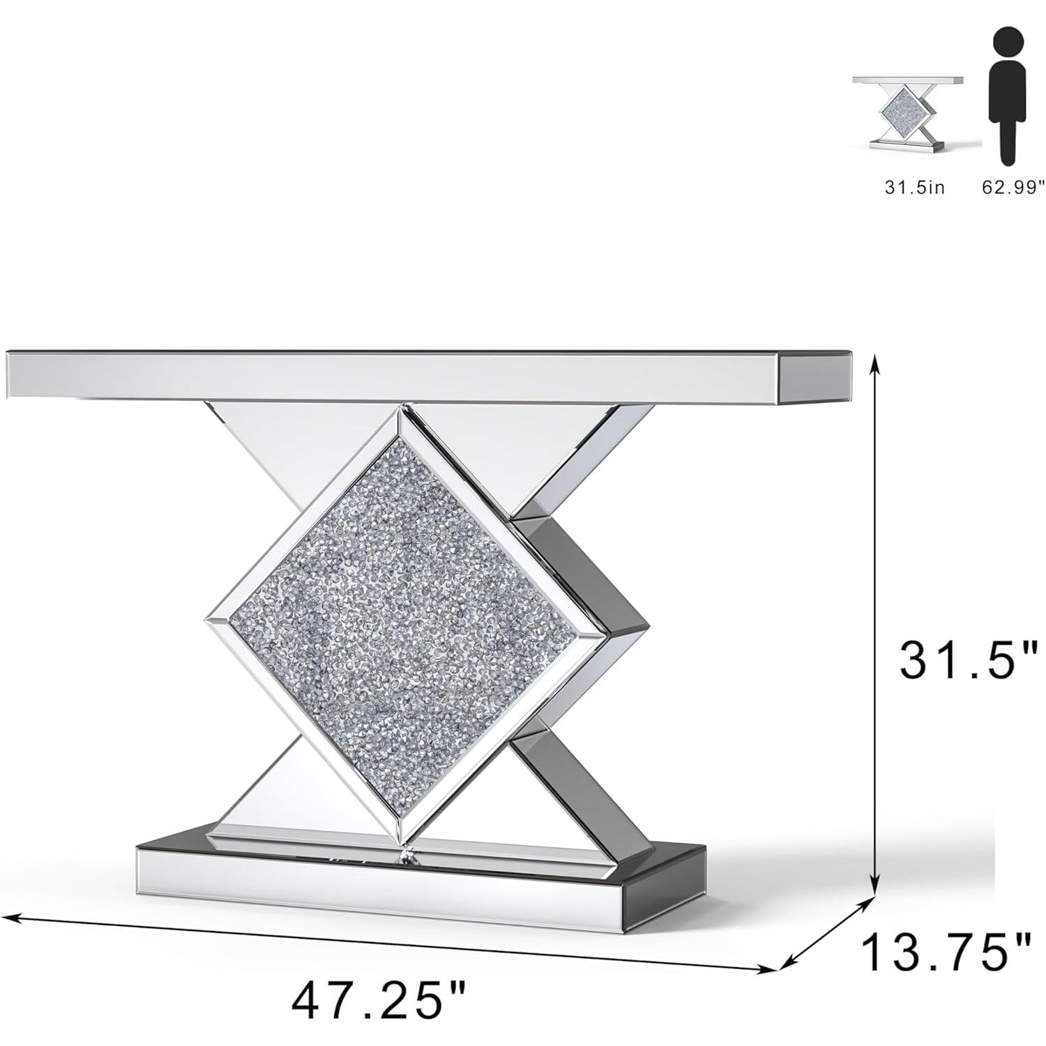 Verra Luxe Home 47.2” Mirrored Diamond Console Table featuring a crystal-encrusted diamond pedestal, beveled mirrors, and a sleek chrome-like frame for a glamorous, reflective effect.