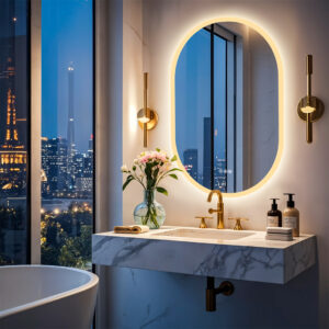 Luxurious bathroom with an oval backlit mirror and gold fixtures, marble vanity, a glass vase with pink flowers, and a city skyline visible through tall windows at dusk.