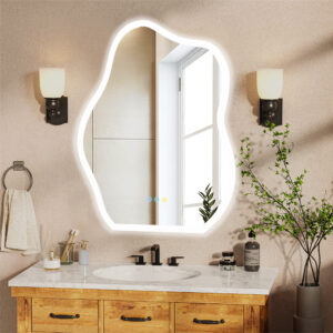 Cloud-shaped LED bathroom mirror with a glowing white edge and curved silhouette, mounted above a wooden vanity, featuring warm glow lighting and a modern bathroom vibe, Verra Luxe Home