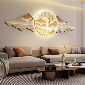 Nordic LED Wall Art by Verra Luxe Home featuring a glowing circular scene with a golden mountain landscape and tranquil water, creating ambient light and a serene focal point.