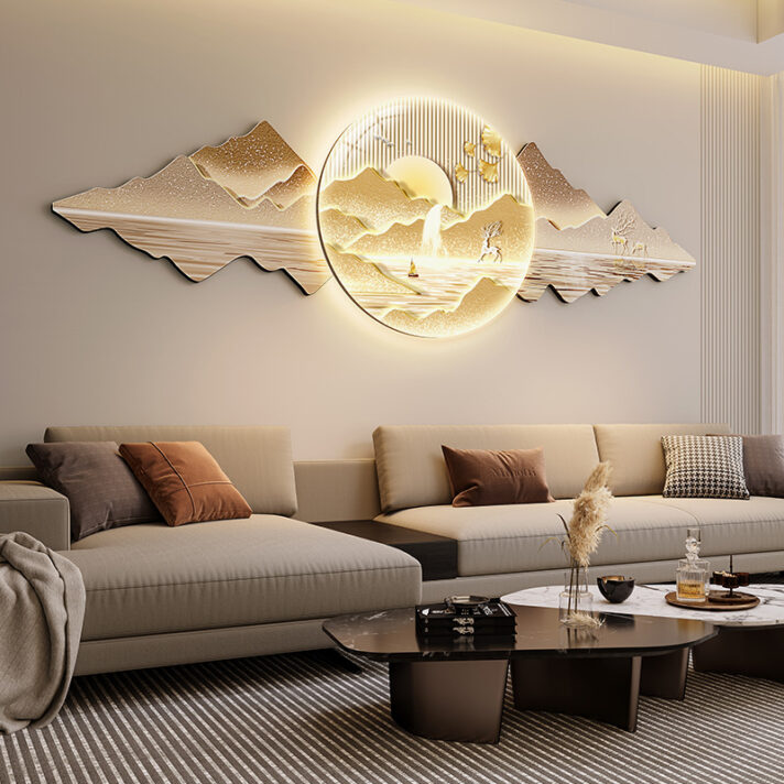 Nordic LED Wall Art by Verra Luxe Home featuring a glowing circular scene with a golden mountain landscape and tranquil water, creating ambient light and a serene focal point.