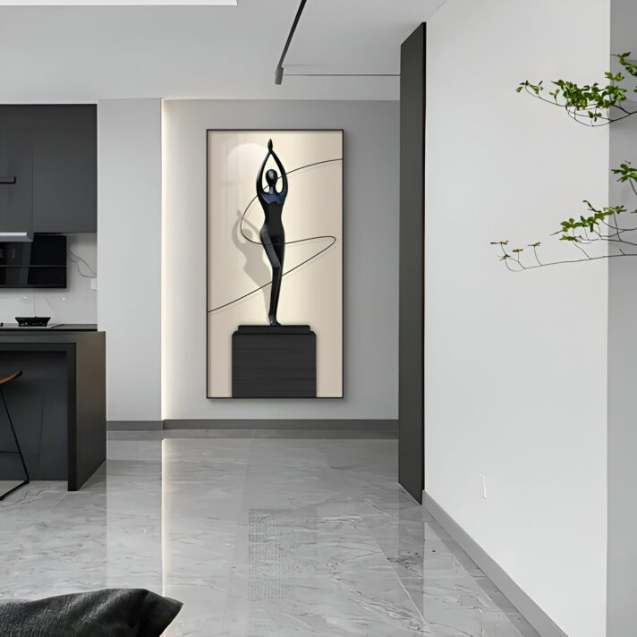 Elegant black abstract sculpture framed on a pedestal within a minimalist white and grey interior, showcased by Verra Luxe Home as luminous art for modern decor.