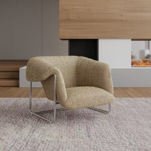 Nordic Luxury Lounge Chair in beige boucle fabric with a sleek stainless steel cantilever frame, showcased in a modern living room setting.