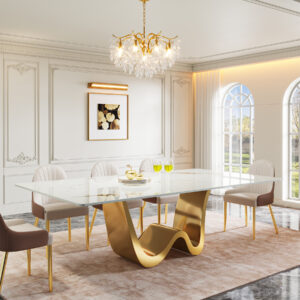 Luxurious dining room featuring the Luxury White and Gold Modern Sintered Stone Dining Table for 6-8 with a glossy white top and sweeping gold base, surrounded by cream chairs and a crystal chandelier