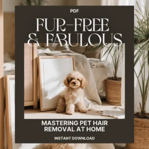 Beige fluffy poodle seated on a light rug beside framed artwork and tall green plants, with bold Fur-Free & Fabulous text overlay and a stylish pet-hair removal book theme