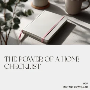 White notebook with a pink elastic strap rests on a sunlit desk beside a ceramic mug and green foliage, featuring branding for The Power of a Home Checklist by Verra Luxe Home.