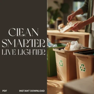 Dark split cover with the words Clean Smarter Live Lighter on the left and hands placing waste into beige recycling bins on the right, by Verra Luxe Home, Eco-Friendly Cleaning eBook