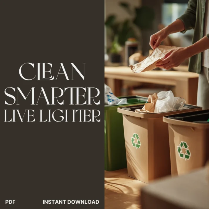 Dark split cover with the words Clean Smarter Live Lighter on the left and hands placing waste into beige recycling bins on the right, by Verra Luxe Home, Eco-Friendly Cleaning eBook