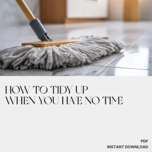Gray microfiber mop on a polished tiled floor in a bright room; Verra Luxe Home product imagery featuring How to Tidy Up When You Have No Time in the background.