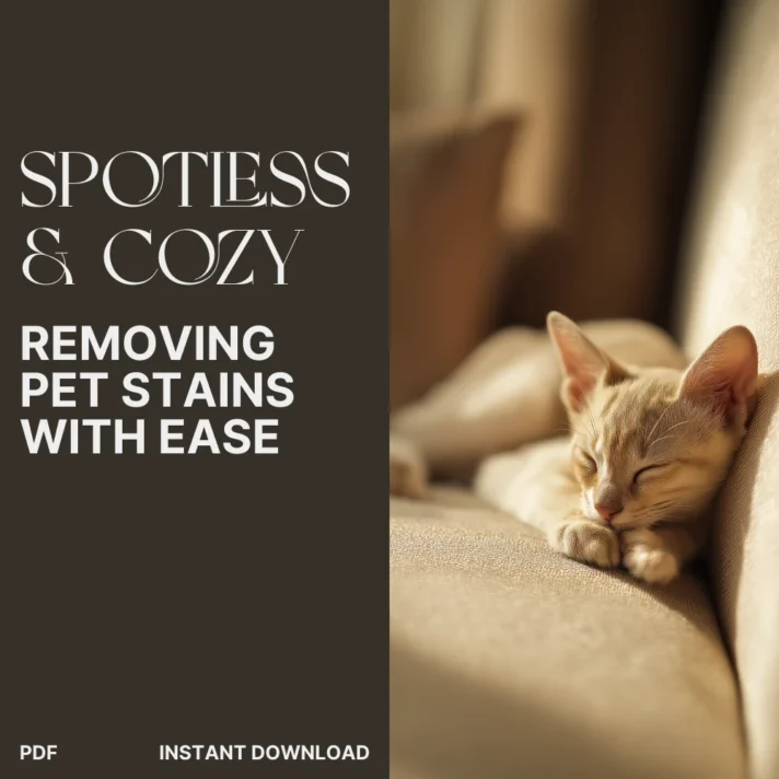 Spotless & Cozy cover with bold white typography on brown panel and a sleeping beige kitten on a soft sofa, by Verra Luxe Home, featuring the Ultimate Pet Stain Removal Guide
