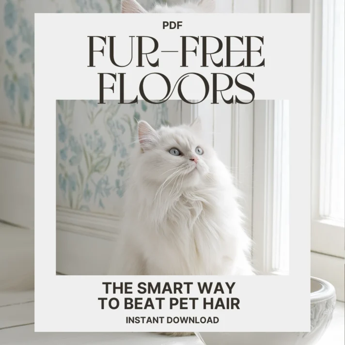 White fluffy cat gazing by a bright window on a light backdrop with bold, stylish text reading Fur-Free Floors and The Smart Way to Beat Pet Hair, highlighting a PDF cover concept