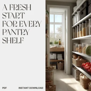 A bright pantry scene with glass jars on white open shelves and a window view, featuring the left panel text A Fresh Start for Every Pantry Shelf by Verra Luxe Home