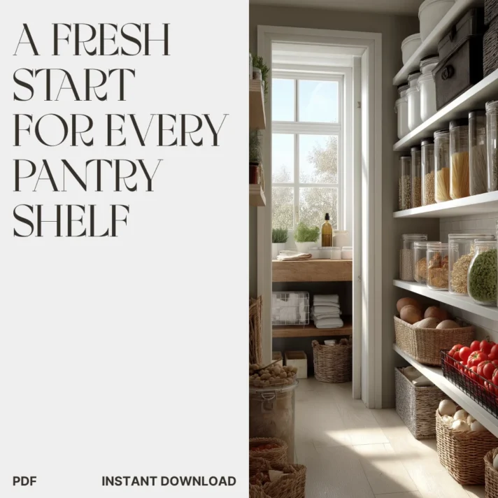 A bright pantry scene with glass jars on white open shelves and a window view, featuring the left panel text A Fresh Start for Every Pantry Shelf by Verra Luxe Home