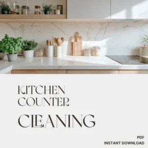 Verra Luxe Home kitchen scene with white marble backsplash, wooden cutting boards, jars and potted greenery, plus a bold 'KITCHEN CLEANING' graphic.