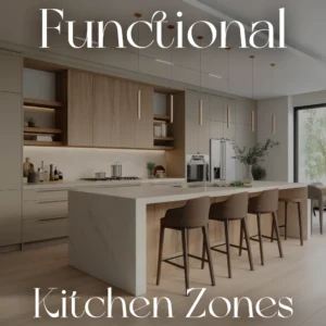 Modern neutral kitchen featuring a large marble island, wooden bar stools, built-in cabinetry, and soft pendant lighting; displays bold title text Functional Kitchen Zones for Verra Luxe Home brand.