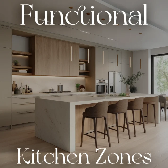 Modern neutral kitchen featuring a large marble island, wooden bar stools, built-in cabinetry, and soft pendant lighting; displays bold title text Functional Kitchen Zones for Verra Luxe Home brand.