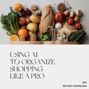 Colorful kitchen groceries in a paper tote—bread, oranges, tomatoes, greens, lemons, mushrooms, and peppers—paired with bold text 'USING AI TO ORGANIZE SHOPPING LIKE A PRO' for Verra Luxe Home