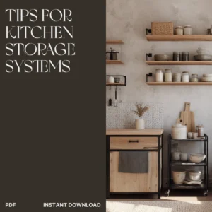 Verra Luxe Home Tips for Kitchen Storage Systems cover with dark brown panel and elegant white serif title alongside open wooden shelves stocked with jars and containers