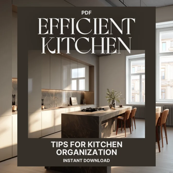 Modern kitchen with white cabinetry and a dark marble island, sunlit room, bold overlay text reading Efficient Kitchen and Tips for Kitchen Organization from Verra Luxe Home