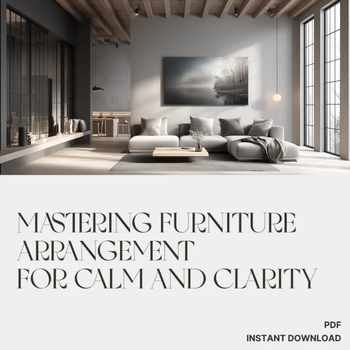 Living room scene from Mastering Furniture Arrangement for Calm and Clarity: a spacious minimalist gray lounge with a large windowed wall, modern decor, and a calming landscape wall art