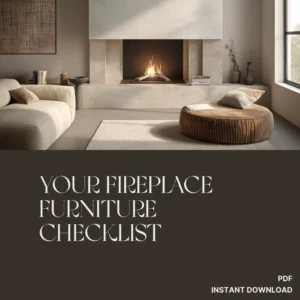 Verra Luxe Home introduces Your Fireplace Furniture Checklist with a modern neutral living room featuring a concrete fireplace, beige sofa, and a round brown pouf, plus decorative vases and books.