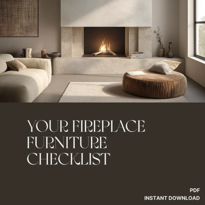 Verra Luxe Home introduces Your Fireplace Furniture Checklist with a modern neutral living room featuring a concrete fireplace, beige sofa, and a round brown pouf, plus decorative vases and books.