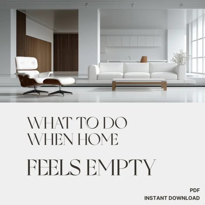 What to Do When Home Feels Empty text appears on a light gray panel below a modern, white living room with a white sofa and white lounge chair, branded by Verra Luxe Home.