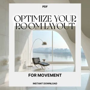 PDF cover titled Optimize Your Room Layout for Movement showcasing a bright, white modern interior with a large window overlooking a city and water, by Verra Luxe Home