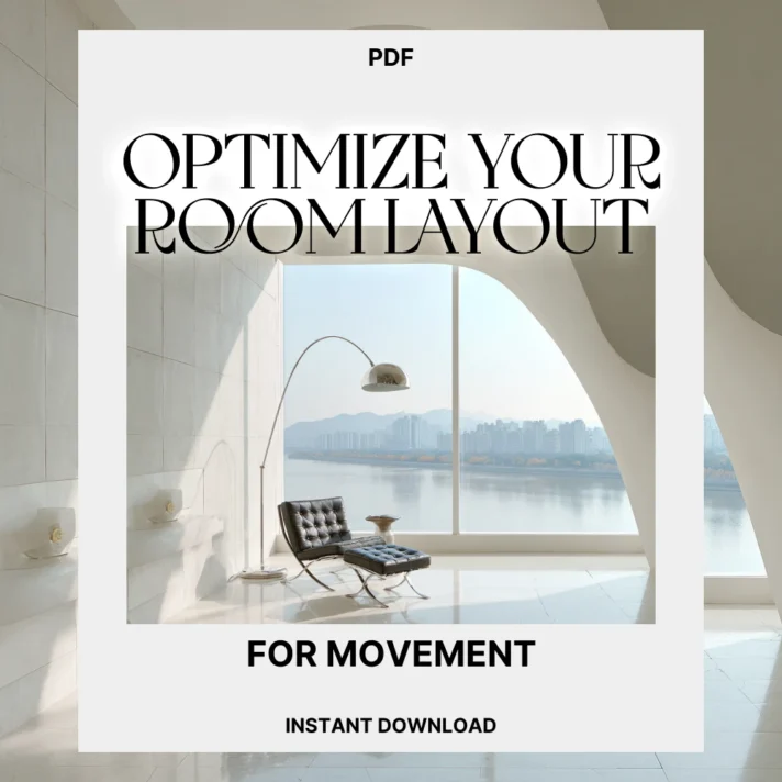 PDF cover titled Optimize Your Room Layout for Movement showcasing a bright, white modern interior with a large window overlooking a city and water, by Verra Luxe Home