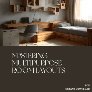 Modern home office with warm wooden desk and shelving, integrated bed, bathed in natural light; features MASTERING MULTIPURPOSE ROOM LAYOUTS typography on a dark panel.