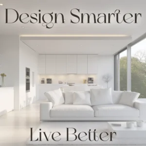 Design Smarter Live Better eBook cover superimposed on a bright, white open-plan living room with a minimalist kitchen, expansive windows, and clean contemporary furnishings