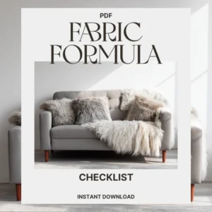 Verra Luxe Home PDF cover showing a light gray sofa with plush faux fur throws, earthy tones, and a cozy living room aesthetic for The Fabric Formula for Cozy Living checklist