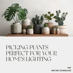Assortment of potted houseplants on a wooden shelf, featuring a large Monstera leaf, cacti, and succulents in ceramic pots against a light gray wall, suitable for interior styling.