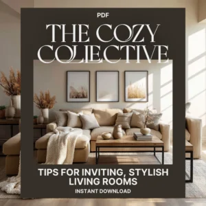 The Cozy Collective cover on a beige, neutral-toned living room with a plush sofa, decorative pillows, and a wooden coffee table.