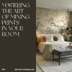Bedroom header image showing a neutral bed with a decorative mural behind it and a dark left panel featuring the title Mastering the Art of Mixing Prints in Your Room