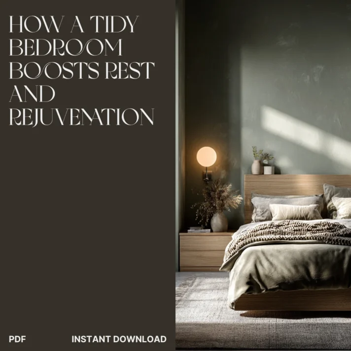 Dark-toned bedroom featuring a wooden platform bed with neutral bedding, a bedside lamp, and minimalist decor; a calm, tidy space from Verra Luxe Home's guide on better sleep and decluttering.