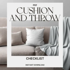 Cover image for Cushion & Throw Magic Checklist by Verra Luxe Home, showing a beige sofa with a white cushion and a soft gray throw.