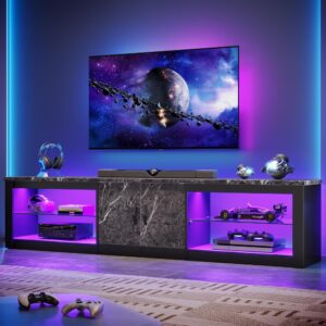80-Inch TV stand with marble-textured cabinets and purple LED lighting, designed for 75-85 inch TVs, with open shelves for consoles like PlayStation 5 and Xbox.