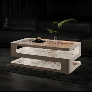 White modern terrazzo coffee table with a curved rectangular frame in a dark living room, associated with Verra Luxe Home and Nordic style.