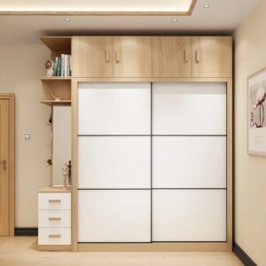 Verra Luxe Home Modern Minimalist Sliding Door Wardrobe with a light wood frame and white panel doors, built-in upper cabinets, and side storage for bedroom organization.