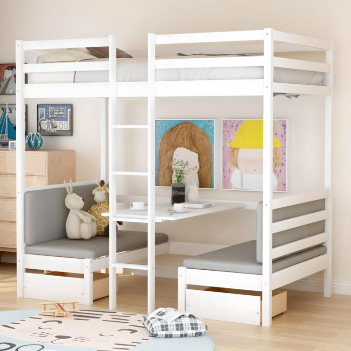 Transformative Twin Loft Bed with Desk in white pine wood by Verra Luxe Home, featuring a built-in desk, cushions, guardrails, and a ladder for a compact, safe bedroom solution.